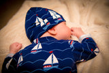 nautical baby shower gift, boat print babygrow and matching hat, sailing boat print soft baby hat