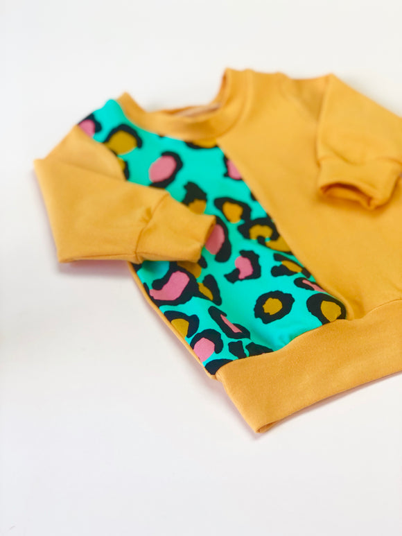 Mustard & Turquoise Leopard print panelled lightweight Sweater